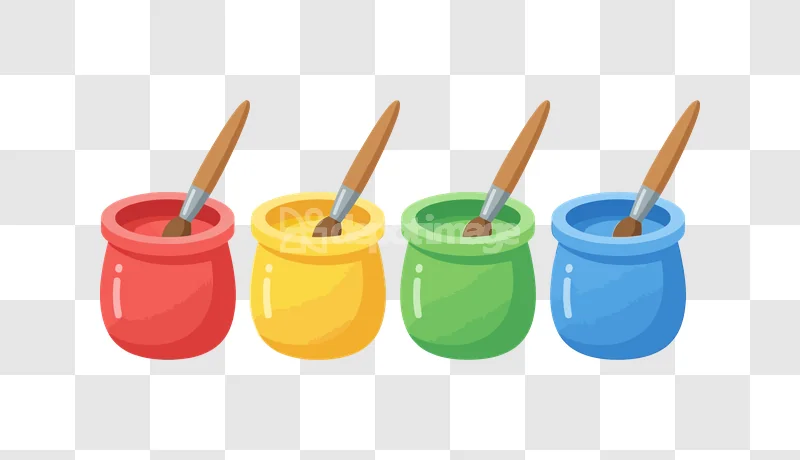 Colorful Paint Pots Brushes Art Supplies: four cartoon paint pots with brushes