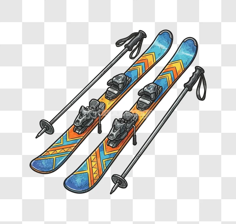Colorful Ski Equipment Vector Illustration cartoon-style, blue, orange, and yellow skis with poles