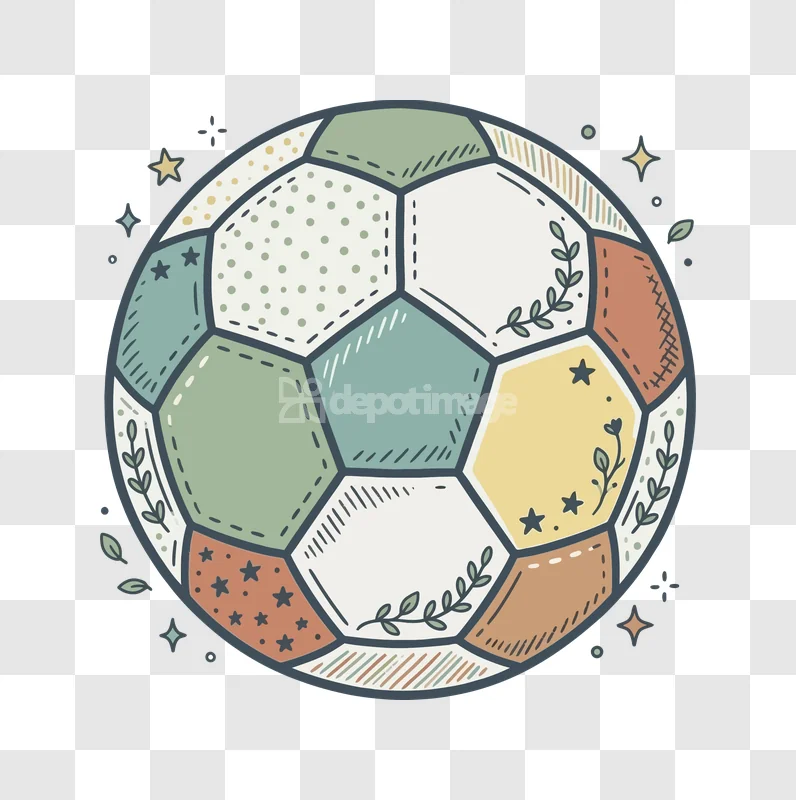Colorful Soccer Ball Decorative Elements Doodle patchwork style, pastel colors, transparent background