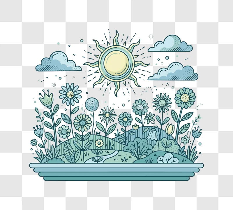 Colorful Spring Field Sun Clouds blue green cartoon landscape with flowers and sun