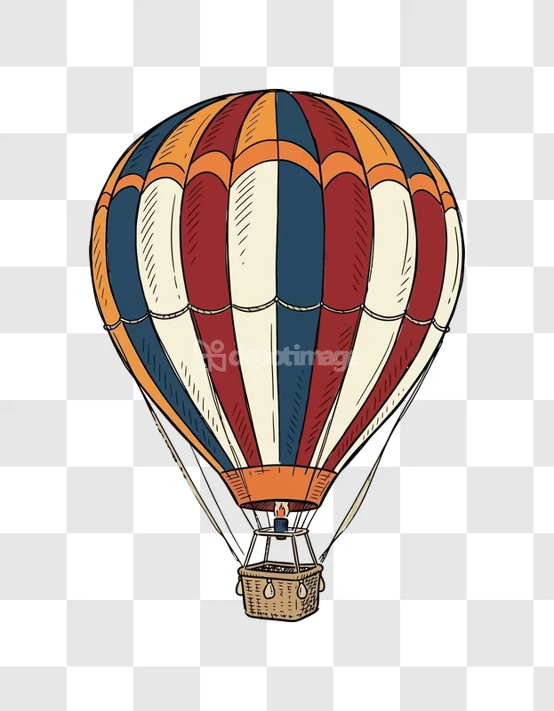 Colorful Vintage Hot Air Balloon Flying striped red blue orange cream on black