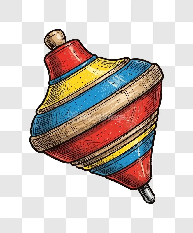 Colorful Wooden Spinning Top Toy Retro Style red yellow blue striped, transparent background