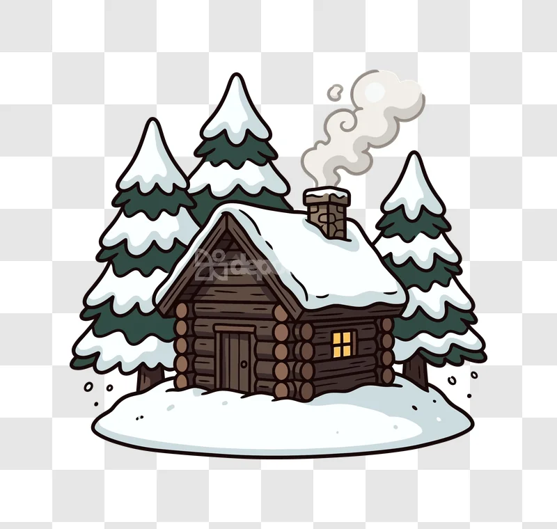 Cozy Winter Cabin Snow Pine Trees cartoon illustration with smoke from chimney and snowy pine trees