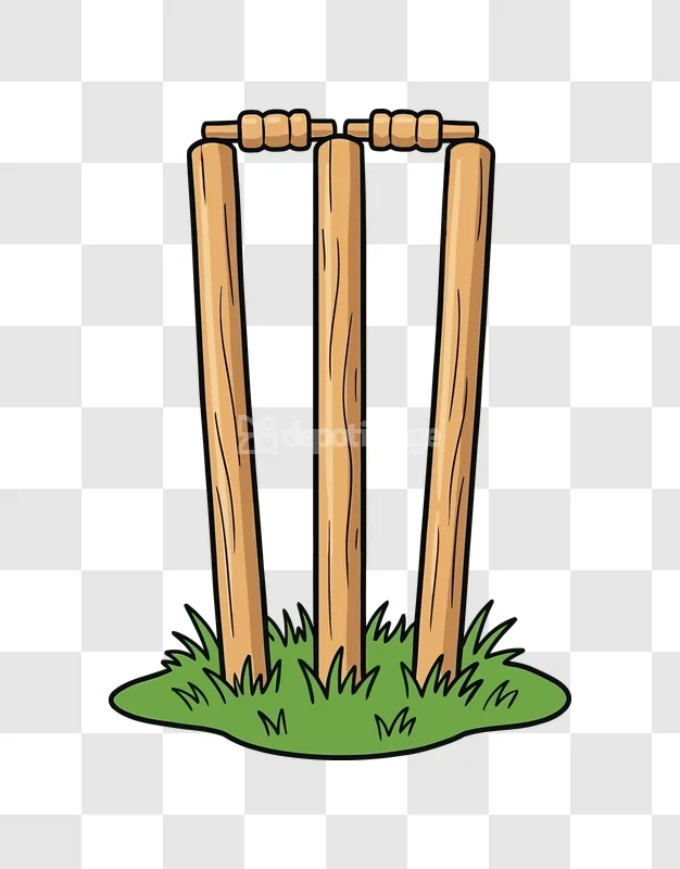 Cricket Wooden Wickets Stumps Bails Grass light brown wooden stumps, green grass, cartoon style