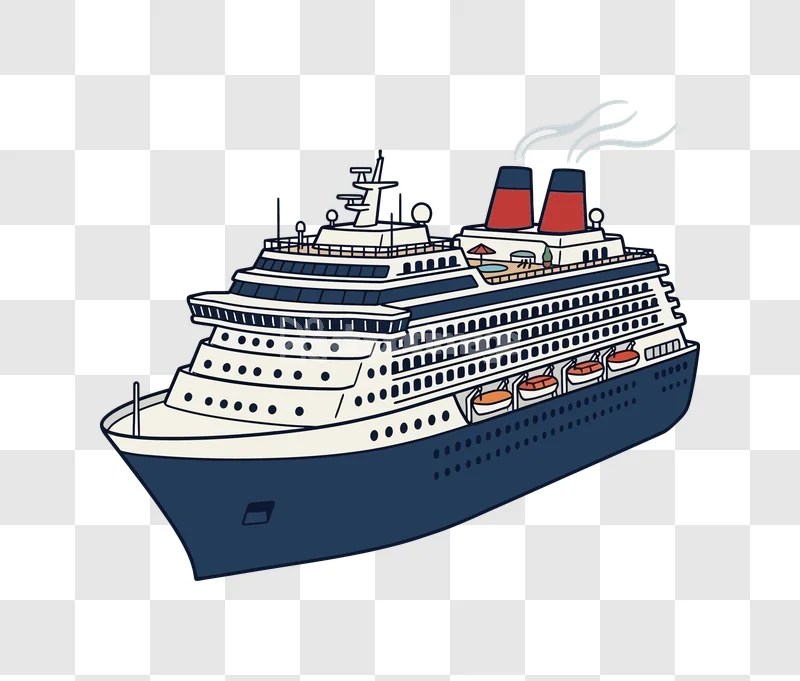 Cruise Ship Large Ocean Liner Travel hand-drawn illustration with blue hull and red smokestacks