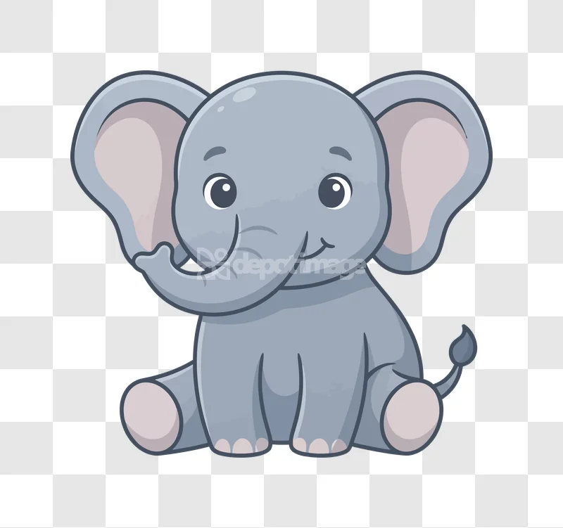 Cute Baby Elephant Sitting Cartoon Animal, gray cartoon style, friendly expression