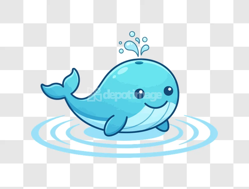 Cute Blue Whale Cartoon Water Splash, light blue, smiling, spouting water, ripples