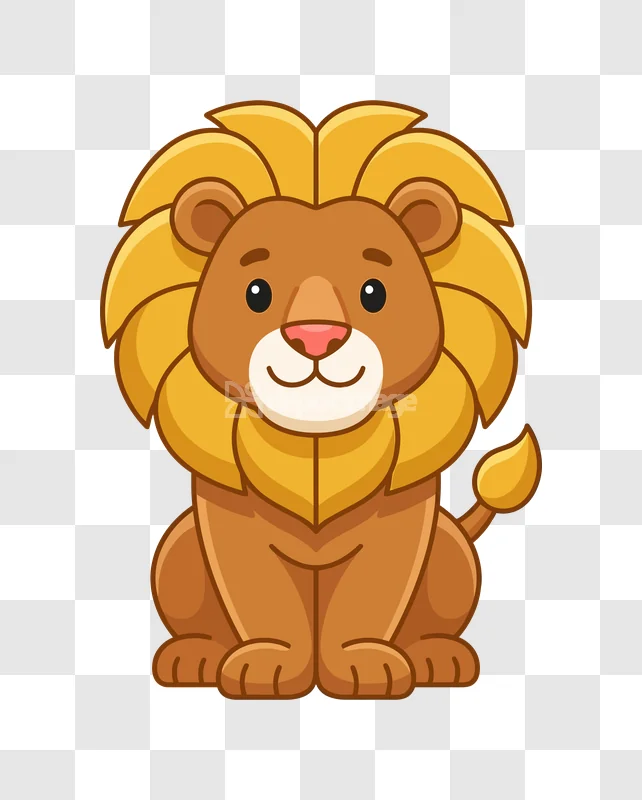 Cute Cartoon Lion Sitting Illustration: friendly golden-maned brown lion, cartoon style