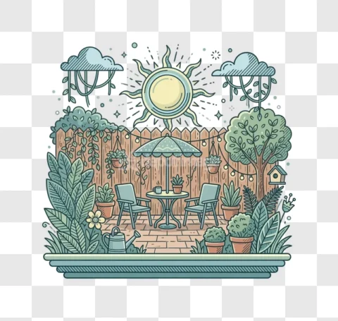 Cute Garden Patio Sunny Day Illustration