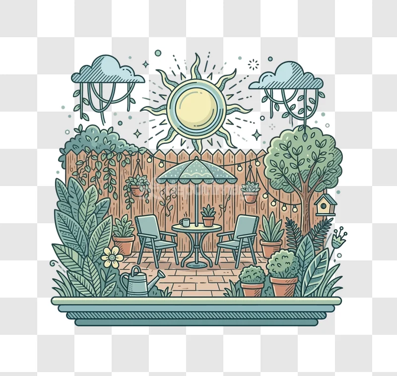 Cute Garden Patio Sunny Day Illustration charming cartoon style with brick patio and wooden fence