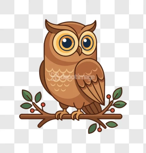 Cute Owl Bird Sitting Branch Illustration