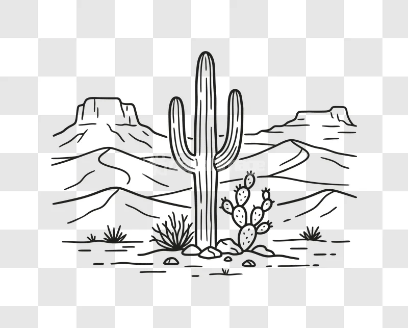 Desert Cactus Landscape Mountains Dunes line art drawing with saguaro cactus and mountains
