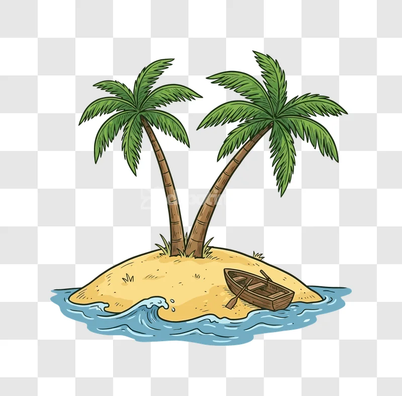 Desert Island Palm Trees Wooden Boat hand-drawn green palm trees, sandy island, blue water
