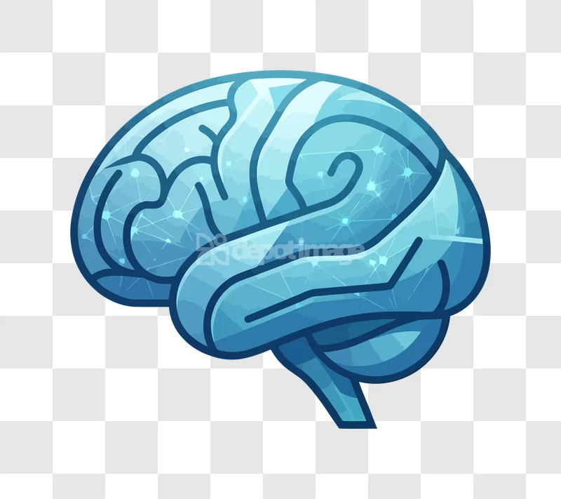 Digital Blue Brain Illustration Icon Abstract, stylized blue brain with network patterns
