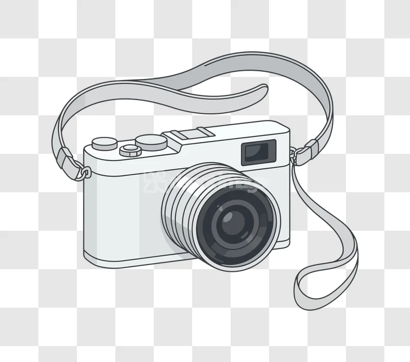 Digital Camera Shoulder Strap Illustration Isolate, light gray camera, dark lens, strap