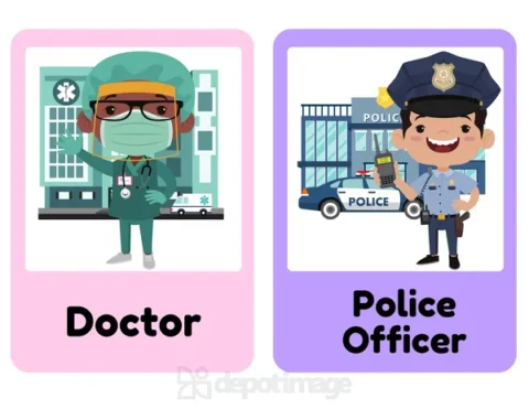 Doctor and Police Officer Flashcards Jobs Illustration