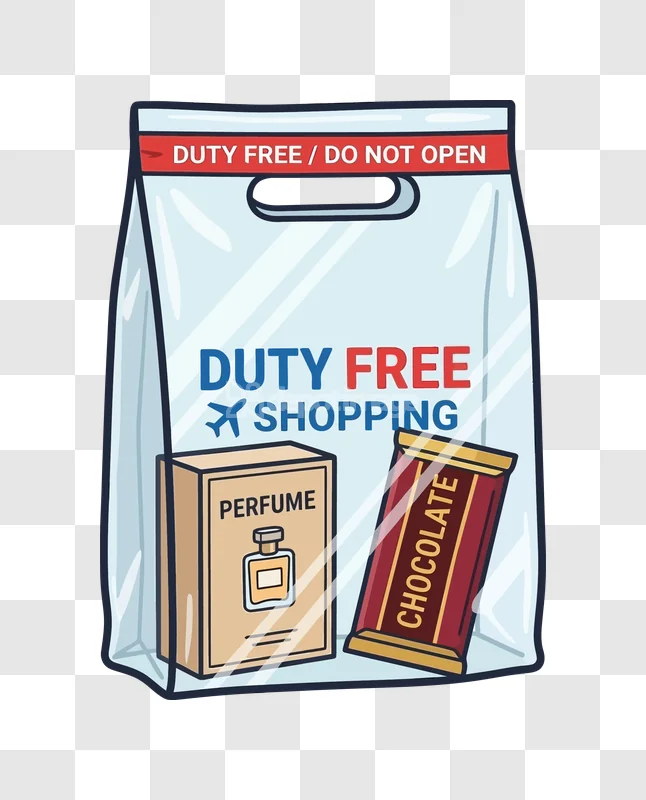 Duty Free Shopping Bag Items clear plastic bag with perfume and chocolate graphic