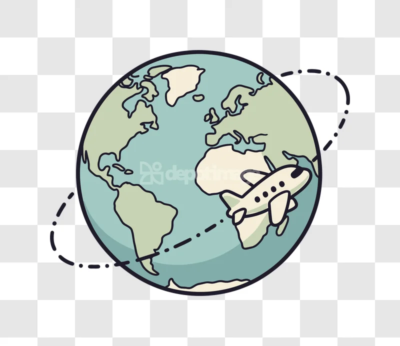 Earth Plane Travel Around Planet: light blue and pale green, cartoon style, transparent background, airplane circling.