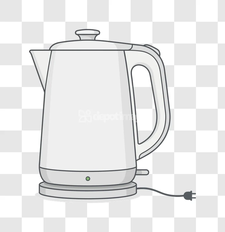 Electric Kettle Modern Appliance Cartoon Style: white, grey, green light, clean design.