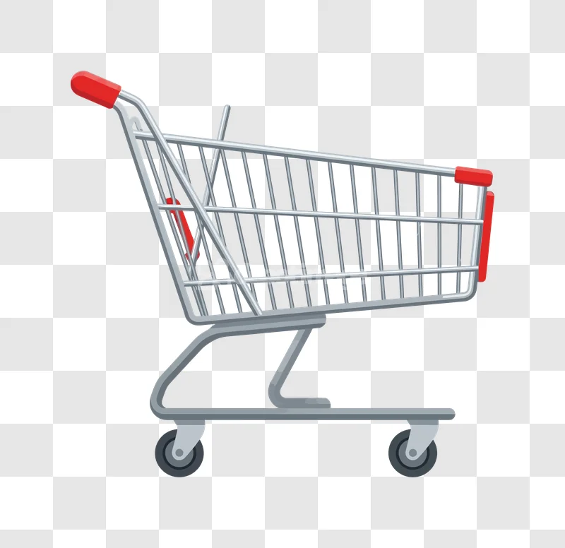 Empty Shopping Cart Retail Supermarket Side side view, gray metal, red handles