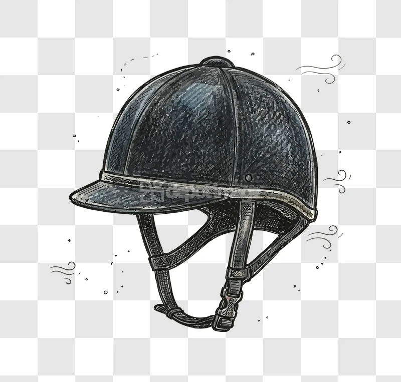Equestrian Riding Helmet Vintage Drawing dark blue watercolor style with chin strap