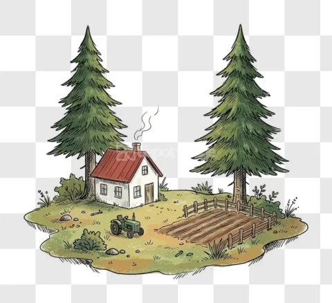 Farmhouse Field Tractor Pine Trees Rural