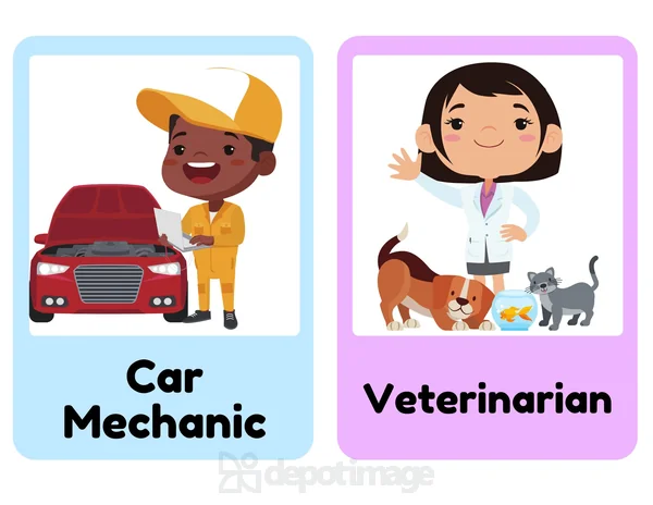 Flashcards Career Car Mechanic Veterinarian Learning colorful cartoon characters for learning