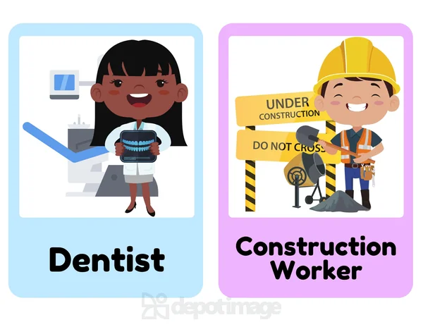 Flashcards Dentist And Construction Worker Jobs colorful flat illustration of a dentist and construction worker.