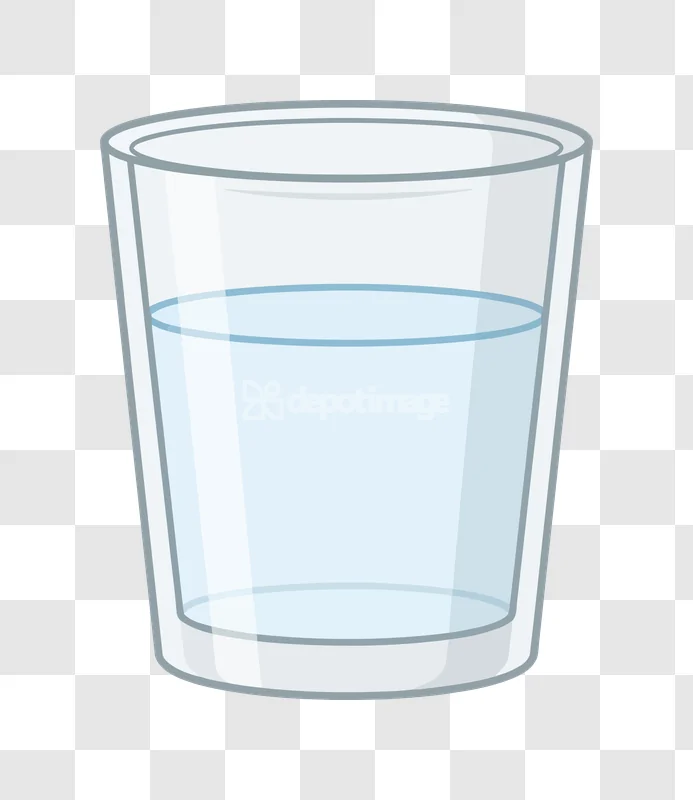 Glass of Water Simple Drink Clear, cartoon style, half full, clear