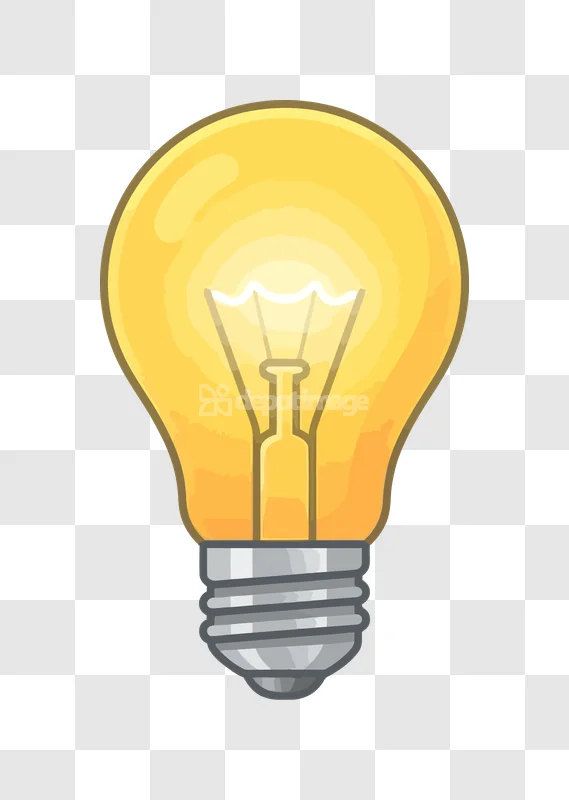 Glowing Cartoon Yellow Light Bulb Icon: bright, yellow, cartoon style, transparent background