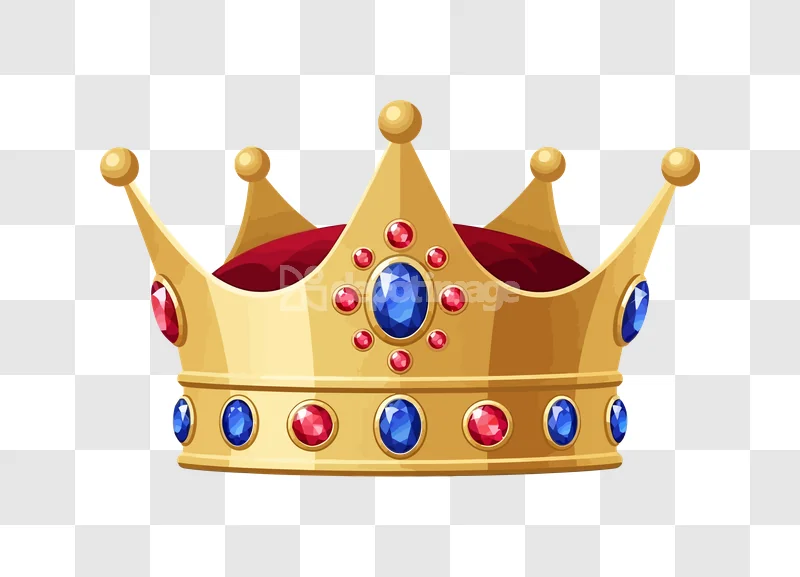 Golden Jeweled Royal Crown Isolated, regal gold, red blue gems, transparent.