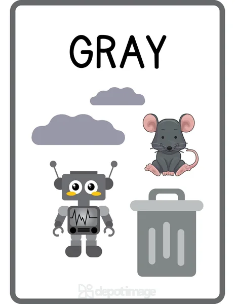 Gray Color Flashcard Robot Mouse Clouds Trash Can