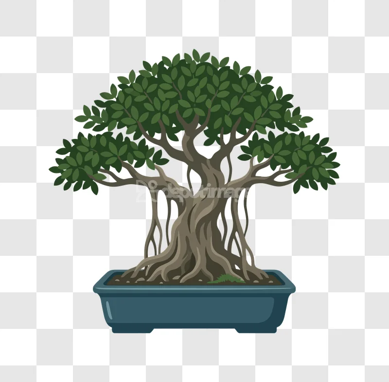 Green Bonsai Tree Pot Vector Art, stylized flat illustration in blue pot