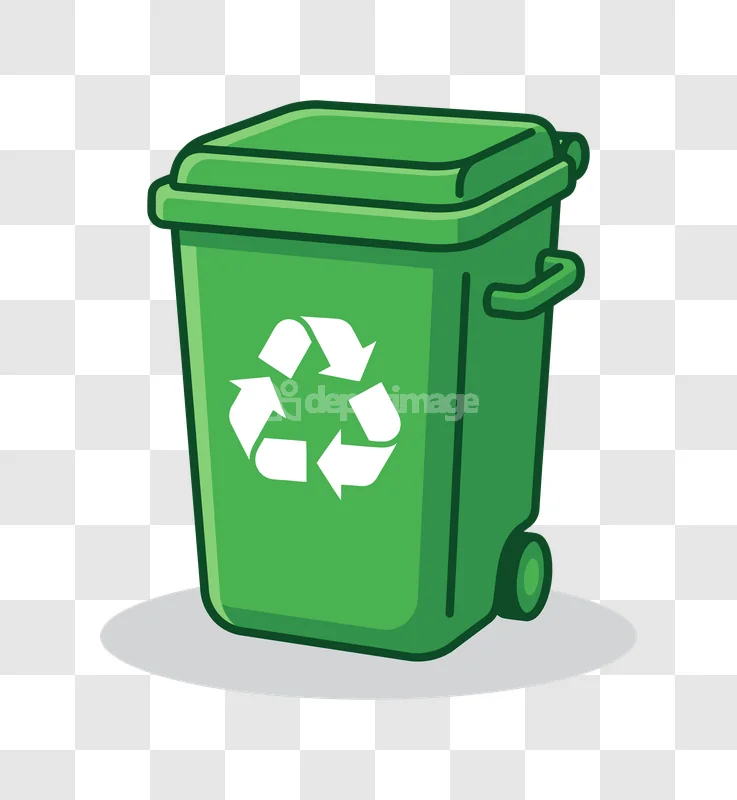Green Plastic Recycle Bin Wheel Icon, cartoon style, vibrant green, white symbol