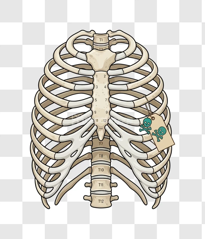 Halloween Cartoon Ribcage Skeleton Tag Skulls, detailed anatomical illustration, cartoon style, black background
