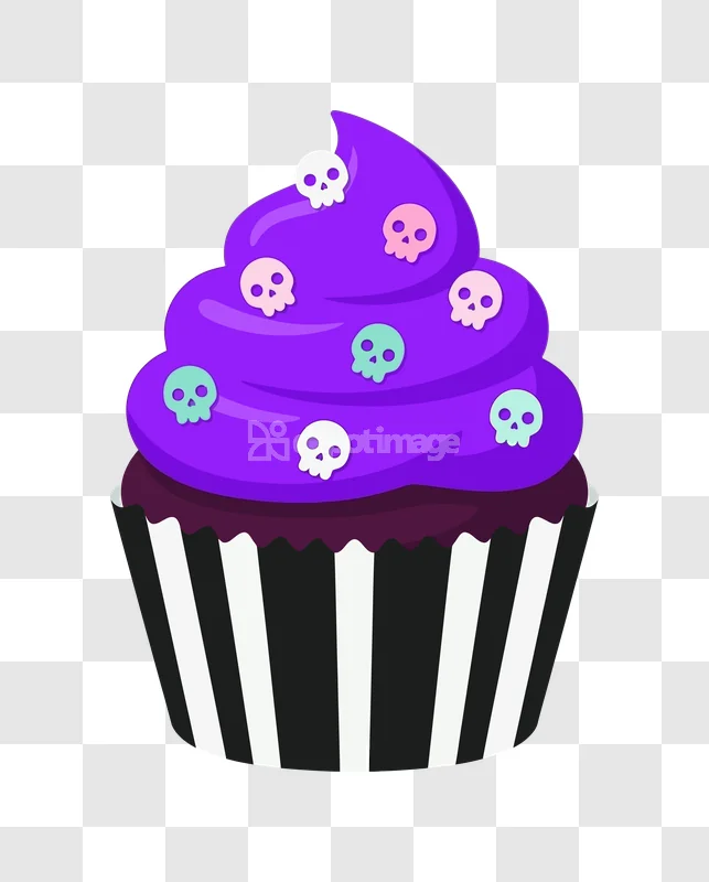 Halloween Cupcake Purple Skull Candy Treat, vibrant purple frosting, colorful skull candies, striped wrapper