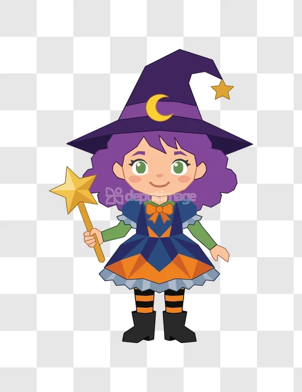 Halloween Cute Little Witch Costume Wand: cartoon, purple, green, orange, blue, star