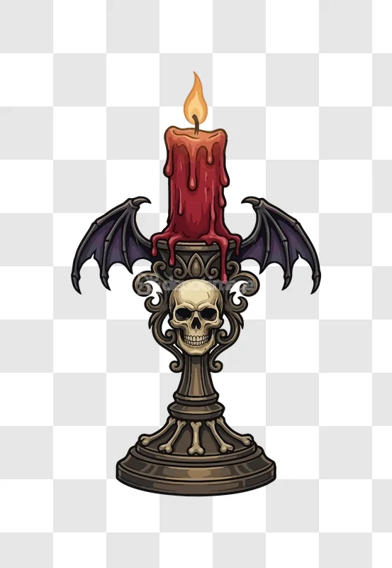 Halloween Gothic Skull Candle Holder Bat: detailed, dark, spooky, red candle, bat wings