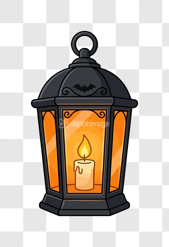 Halloween Lantern Candle Bat Decor, cartoon black lantern, glowing candle, bat detail