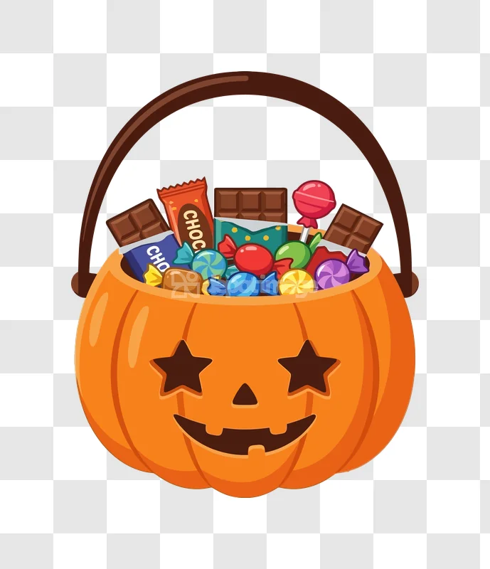 Halloween Pumpkin Candy Basket Sweets Lollipops, cartoon orange pumpkin, full of colorful candies.