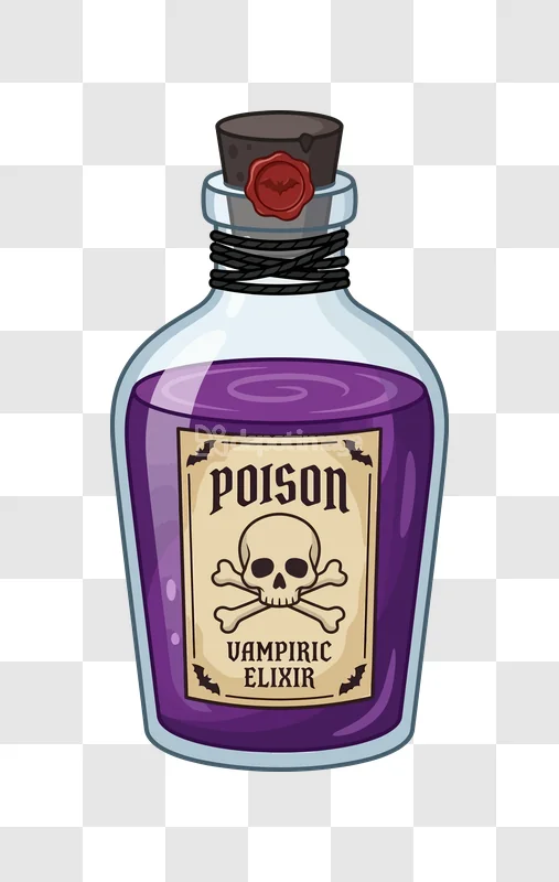Halloween Purple Poison Vampiric Elixir: cartoon purple bottle, skull label, cork seal.