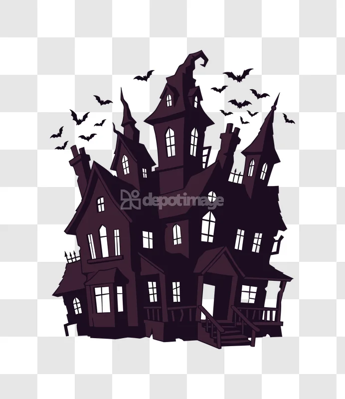 Halloween Spooky Haunted House Bats Creepy, dark purple cartoon mansion with glowing windows