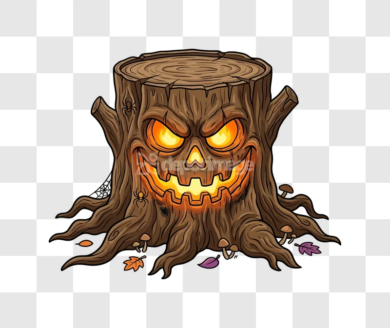 Halloween Spooky Tree Stump Jack O Lantern, cartoon style, glowing orange, dark background