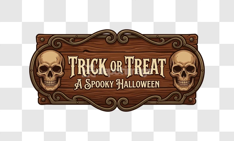 Halloween Trick Treat Spooky Skull Sign: rustic wooden sign, ornate metal, two skulls