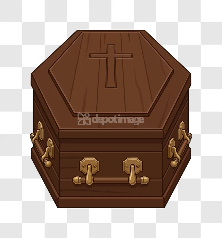 Halloween Wooden Coffin Cross Handles: brown wooden coffin, cross, gold handles, cartoon style