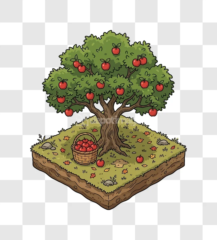 Isometric Apple Tree Basket Autumn Leaves detailed 3D rendering, brown trunk, transparent background