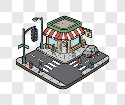 Isometric City Street Cartoon Style