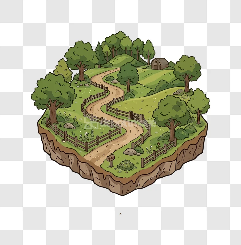 Isometric Countryside Farm Road Trees Barn winding tan paths, green trees, wooden fencing, elevated terrain