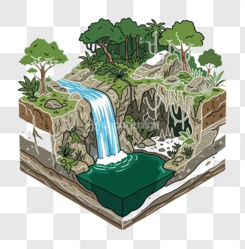 Isometric Jungle Waterfall Pond Cross Section