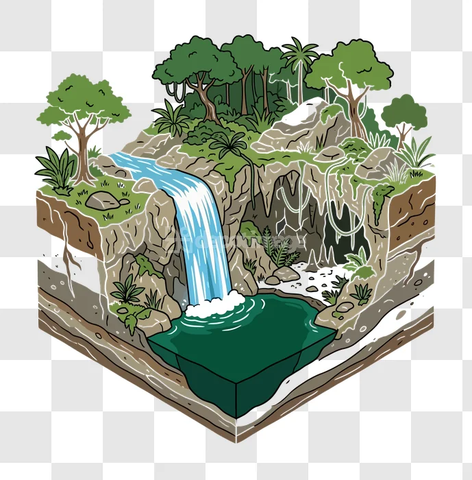 Isometric Jungle Waterfall Pond Cross Section detailed isometric illustration of jungle landscape with waterfall and